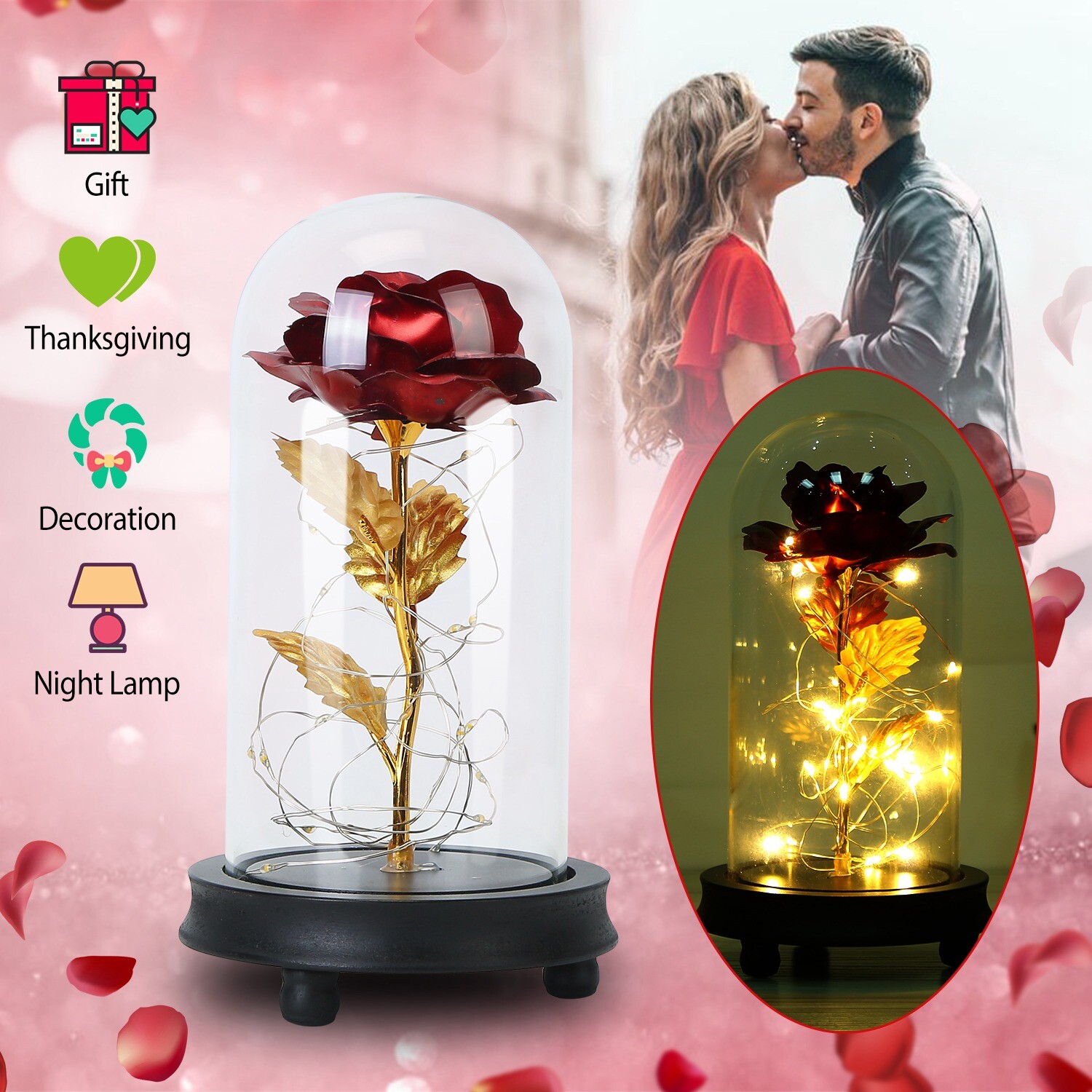 Eternal Rose LED Light Flower Crystal Glass Dome Girlfriend Wife Gift Decoration