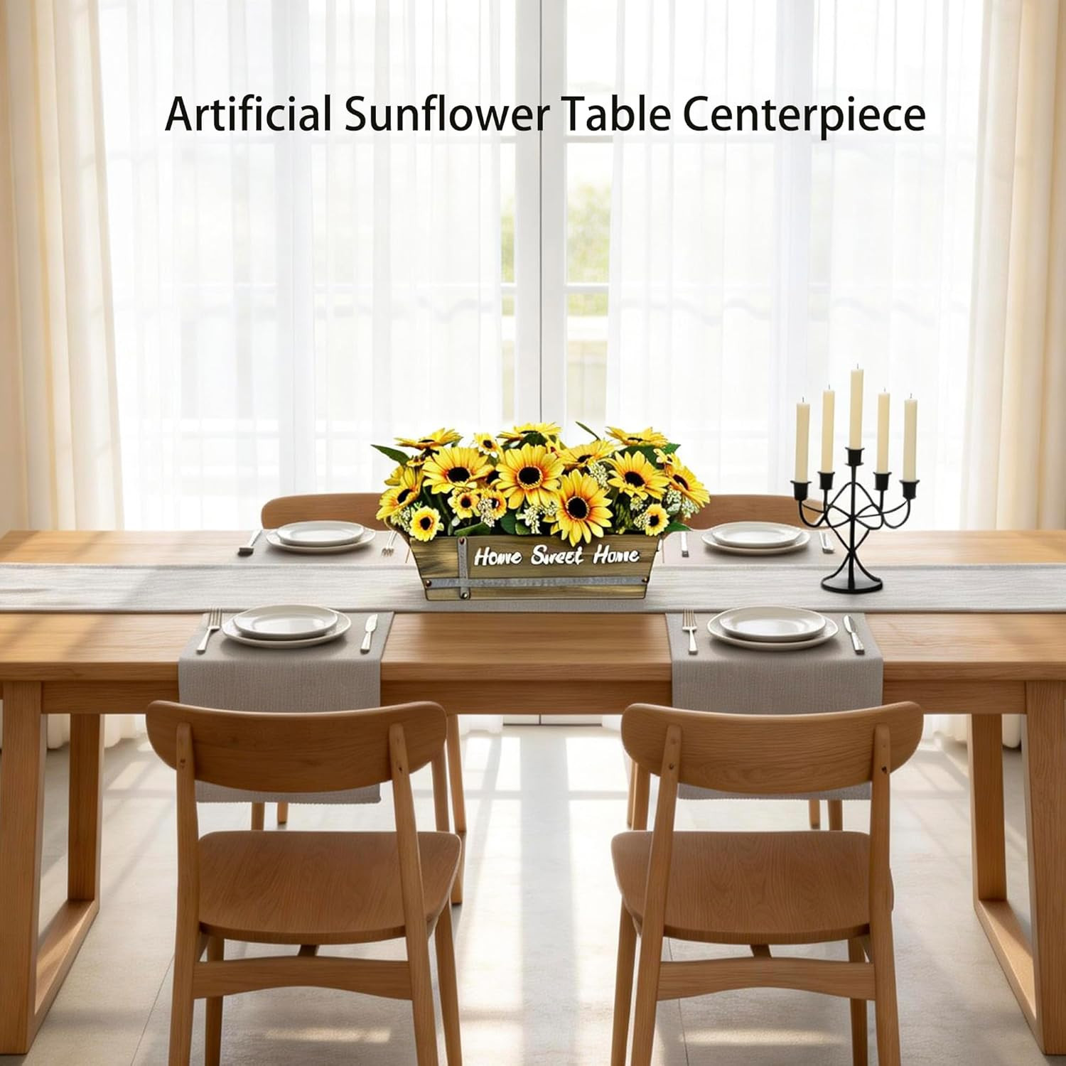 Artificial Sunflower Arrangement in Rustic Wood Box with “Home Sweet Home” Sign,