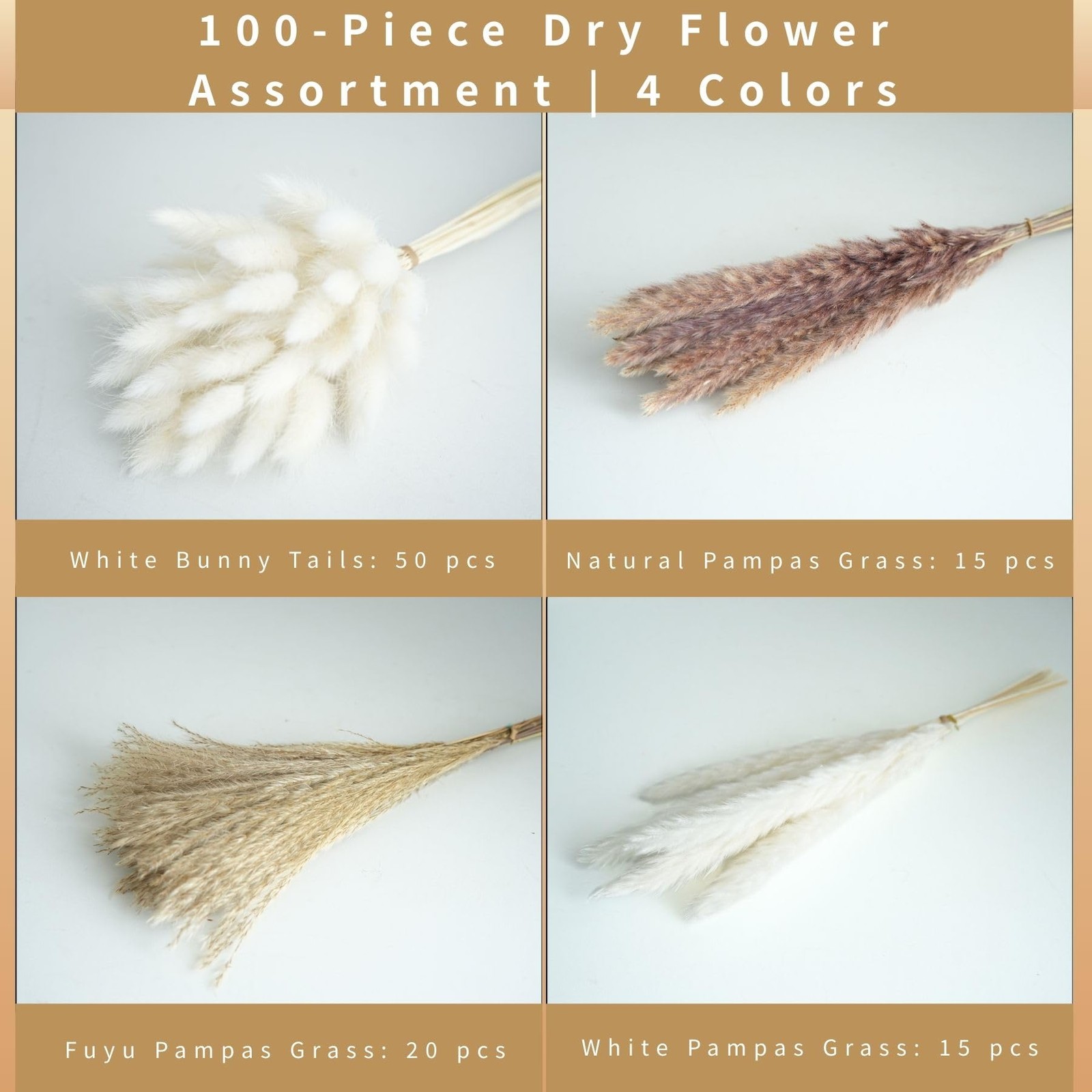 100 Pcs Natural Dried Pampas Grass & White Bunny Tails, 17″ Fluffy Boho Decor…