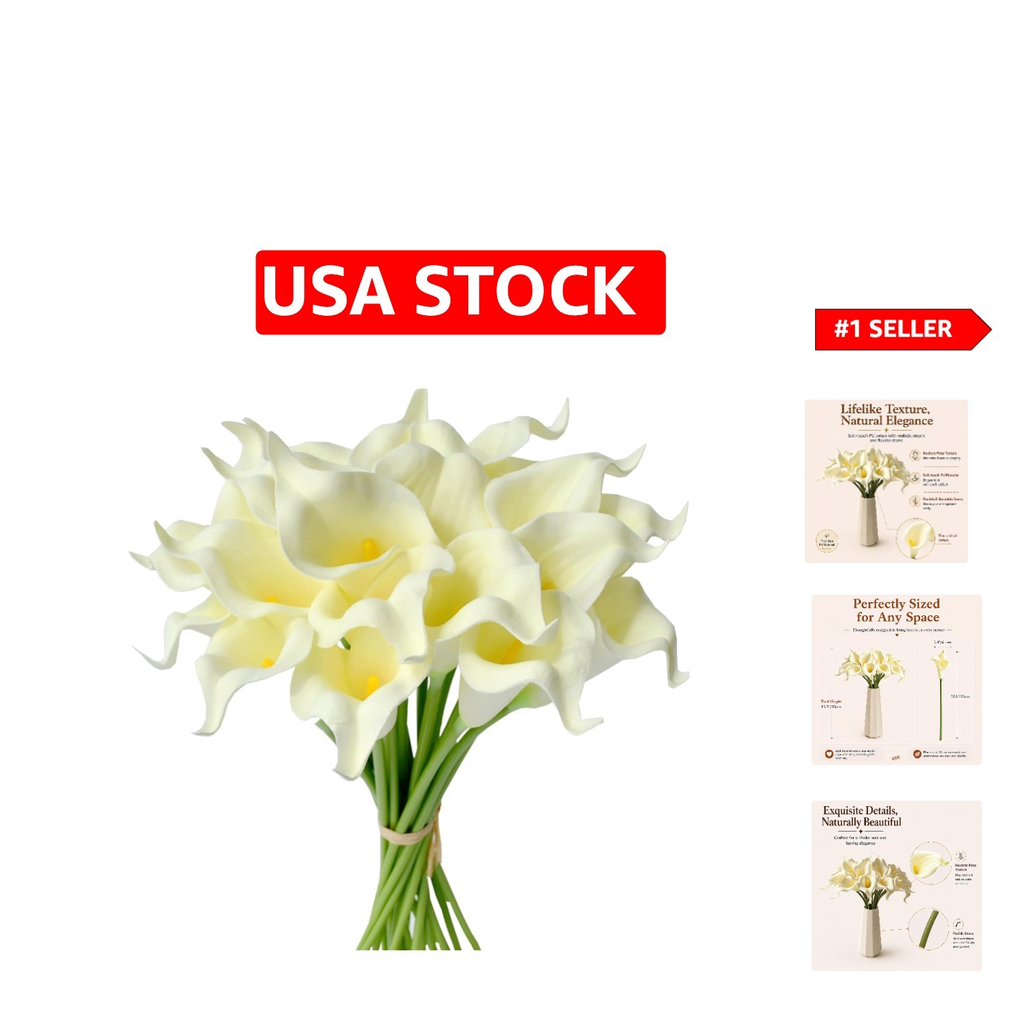 Realistic 20 Cream Calla Lilies – 13.5″ Elegant Floral Bouquet for Home & Events