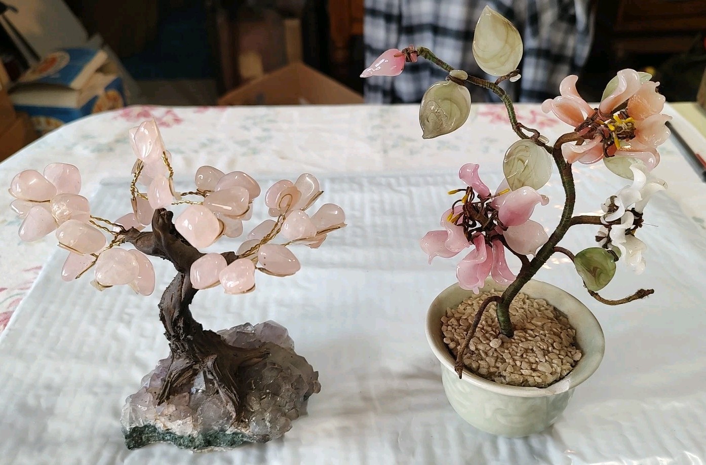2 Vintage Glass Bonsai Tree Pink Cherry Blossom Artificial Plant Oriental