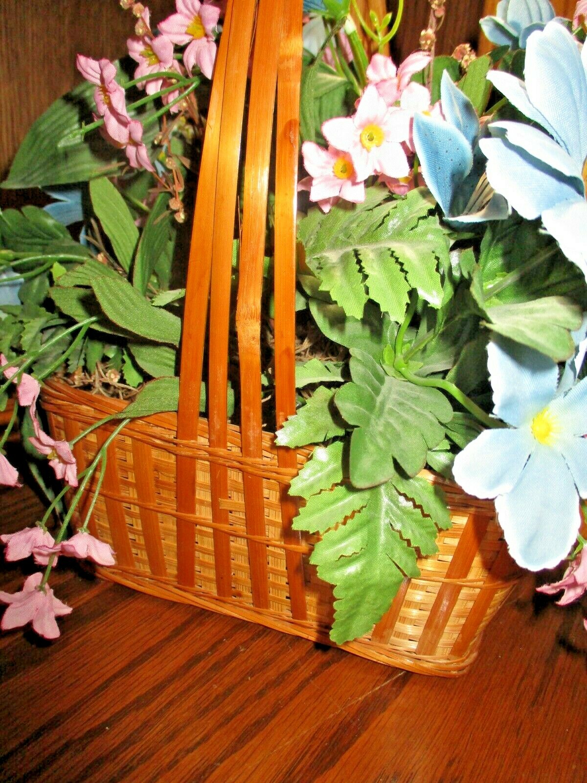 Artificial Silk Flower Arrangement Blue/ Pink Florals In Wood-Wicker Basket 516