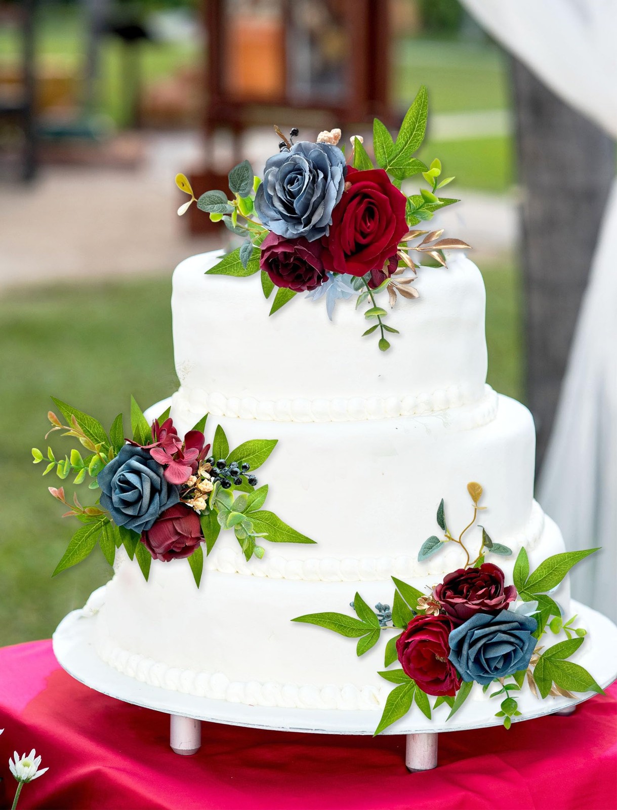 3 Pcs Wedding Cake Topper Set Artificial Flowers Decor Burgundy Navy Blue