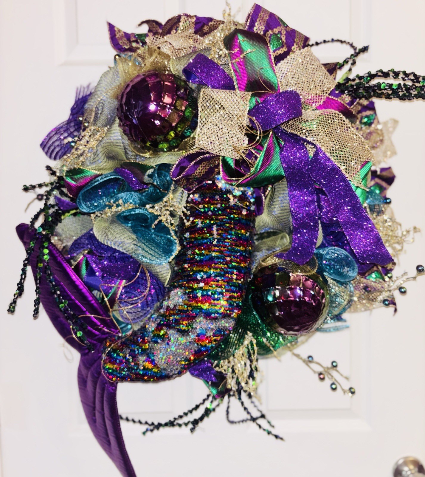 Mardi Gras Wreath Extra Large With Mermaid Tail and Fleur De Lis Handmade Deco