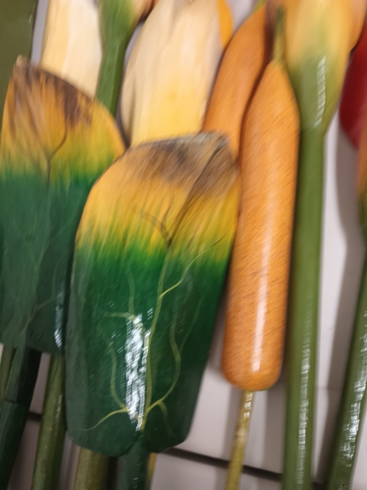 VTG Wood Tropical Flowers Long Stem 36″ Leaves Lot Of 13 Wooden Painted Carved