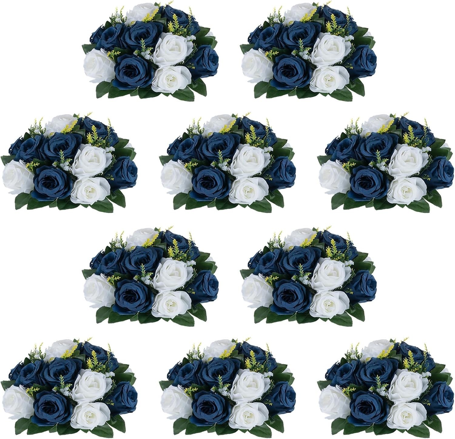 Silk Fake Rose Balls – Navy Blue & White – Set of 10