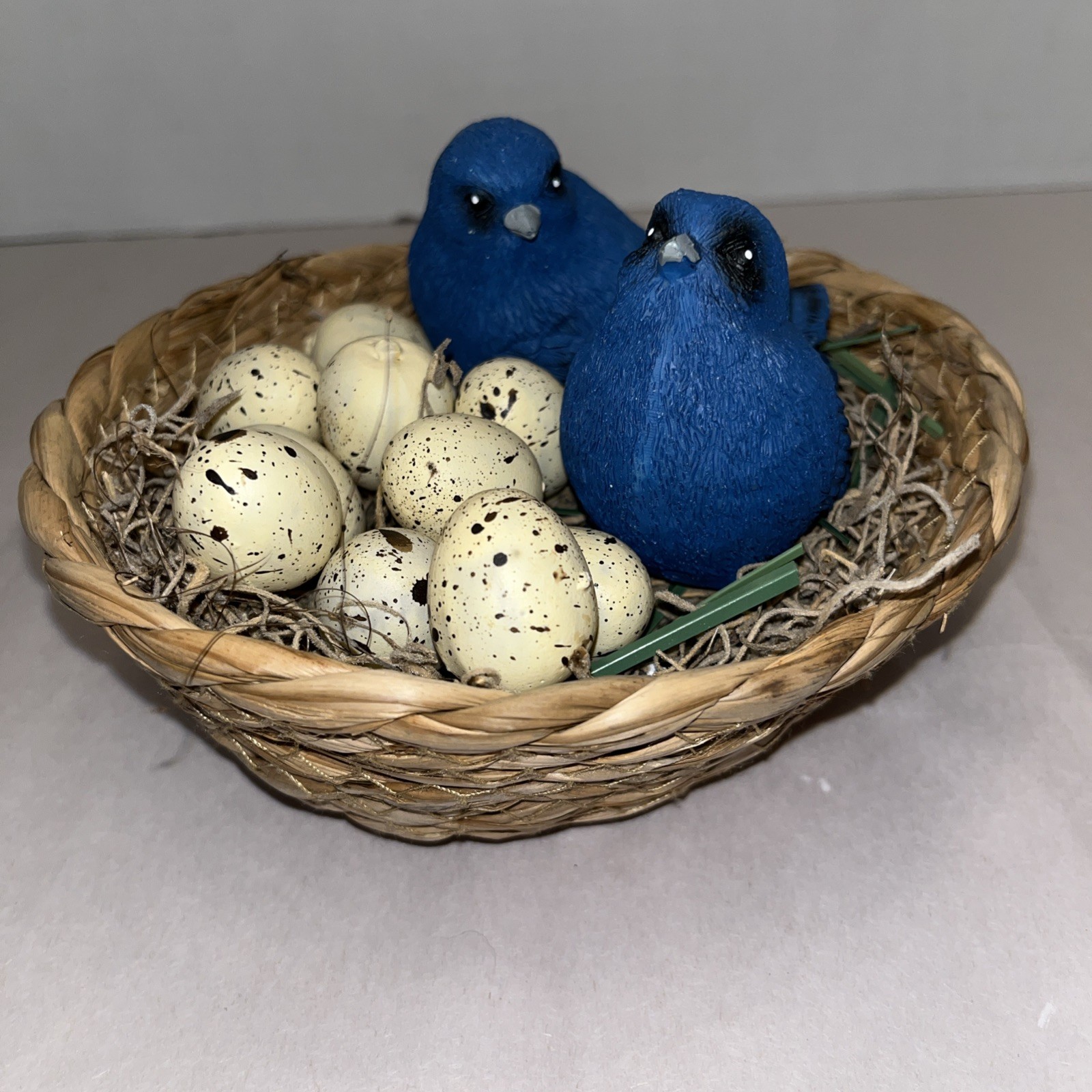 Vintage Decorative Bird Nest Basket W/Blue Birds & Speckled Eggs-Rustic Cottage