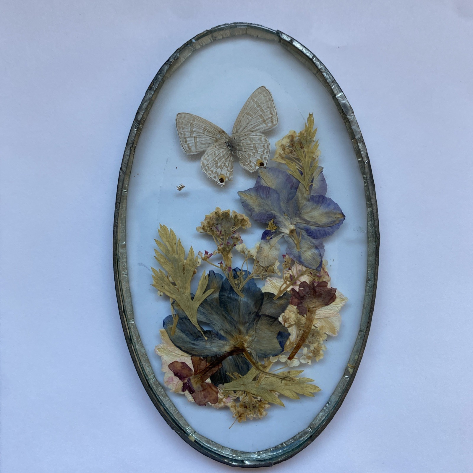 Vintage Pressed In Glass Butterfly & Flowers Pewter Frame Plaque Or Suncatcher