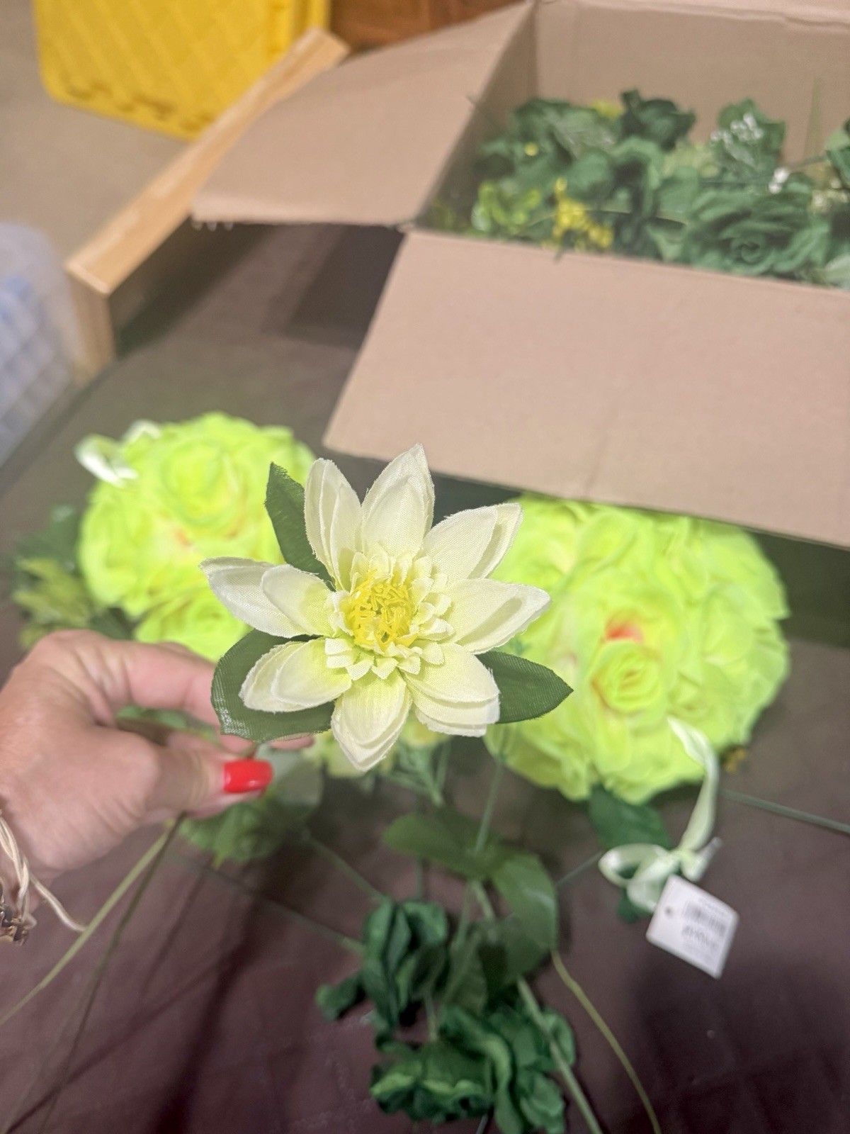 Large Lot / Box of Miscellaneous Artificial Silk Flowers – Bright Green Shades