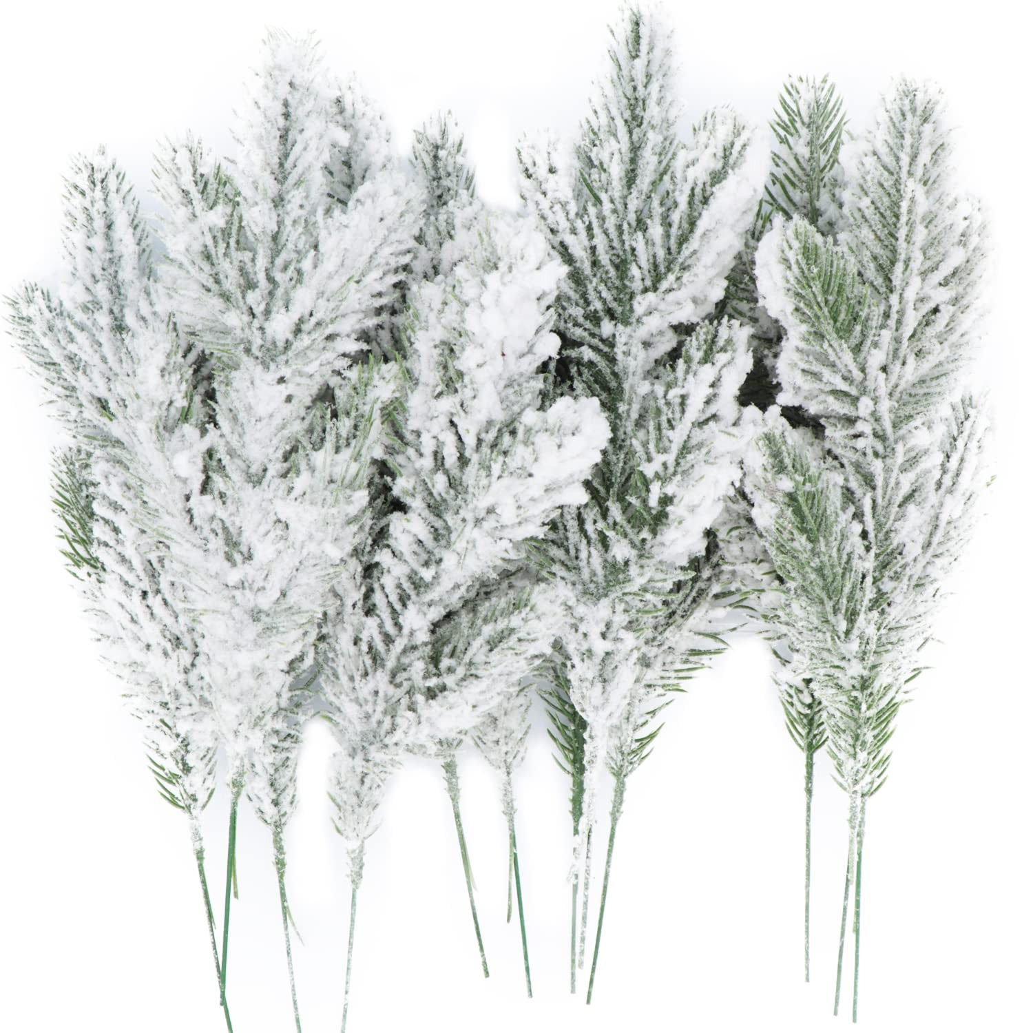24Pcs Snowy Artificial Pine Needles Branches Twigs 10.6″ Fake Frosted Pine Pi…