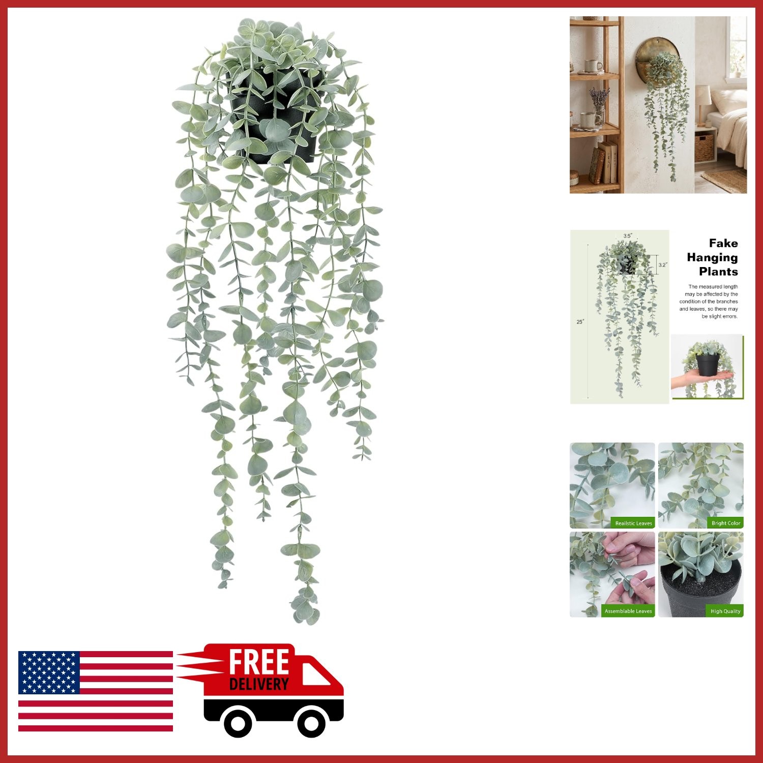 Fake Potted Eucalyptus Plant for Wall Shelf Home Decoration Sage Green