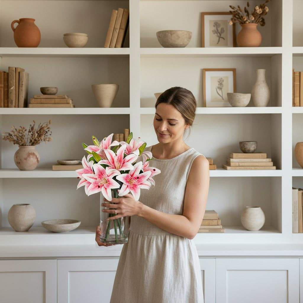 Pink Lilies Artificial Flower Arrangement with Glass Vase for Home Decor