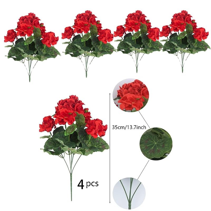 4PCS Artificial Red Geranium Silk Flowers Outdoor Plant Bush Faux Flowers Gerani
