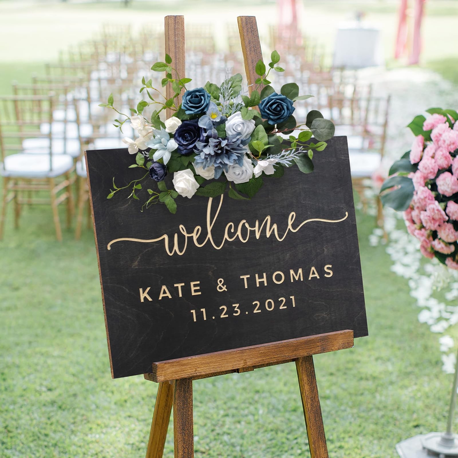 Wedding Flower Swag, Artificial Dusty Blue Flowers Wedding Welcome Sign Flora…