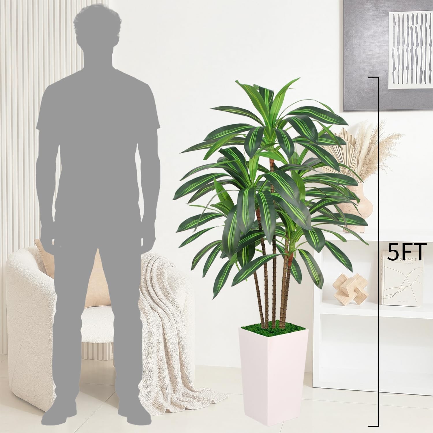Artificial Dracaena Tree 5FT with White Tall Planter, Realistic Faux Tropical