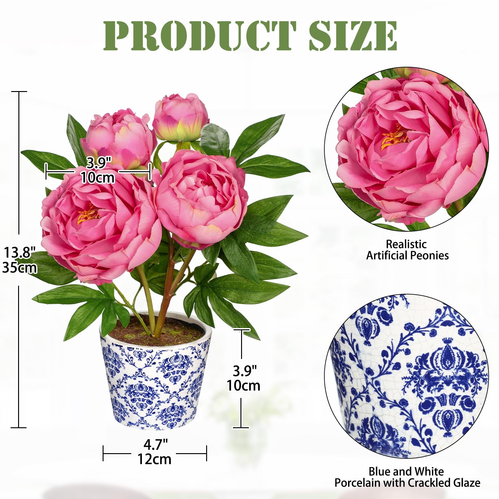 Faux Peony Flowers in Blue and White Ceramic Pot – 13.8″ Realistic Silk Peoni…