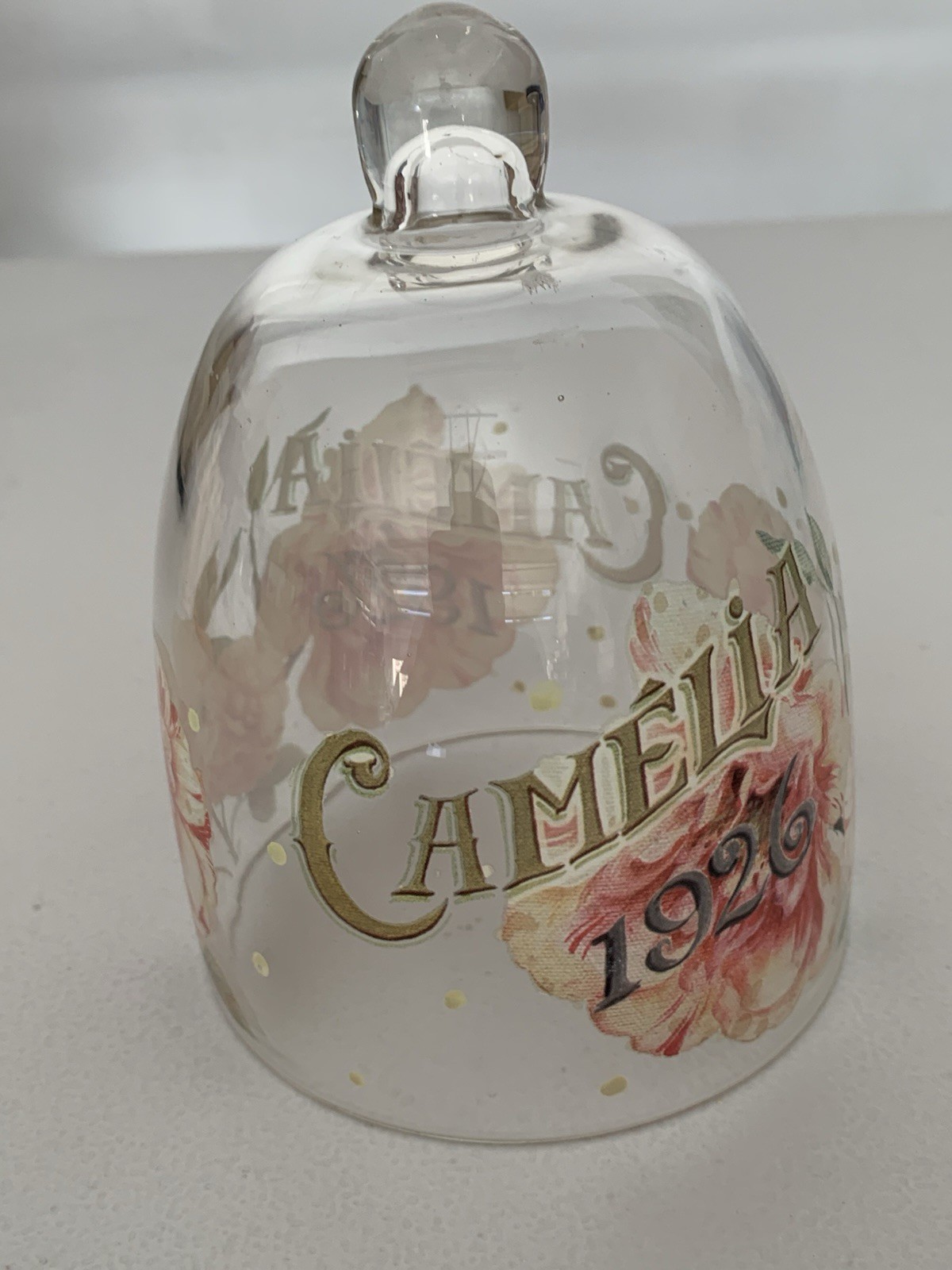 Vintage Style Clear Glass Bell Cloche Camelia 1926 Pink Rose Flower Display Dome