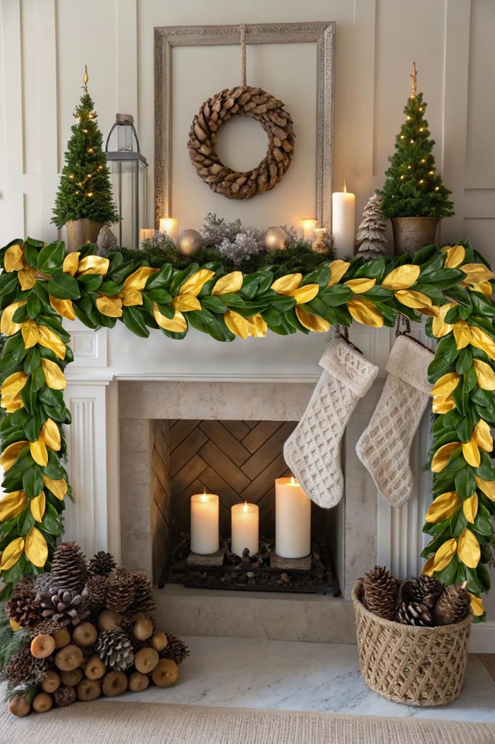5 Feet Artificial Christmas Garland Fake Gold and Green Magnolia Leave Garlan…