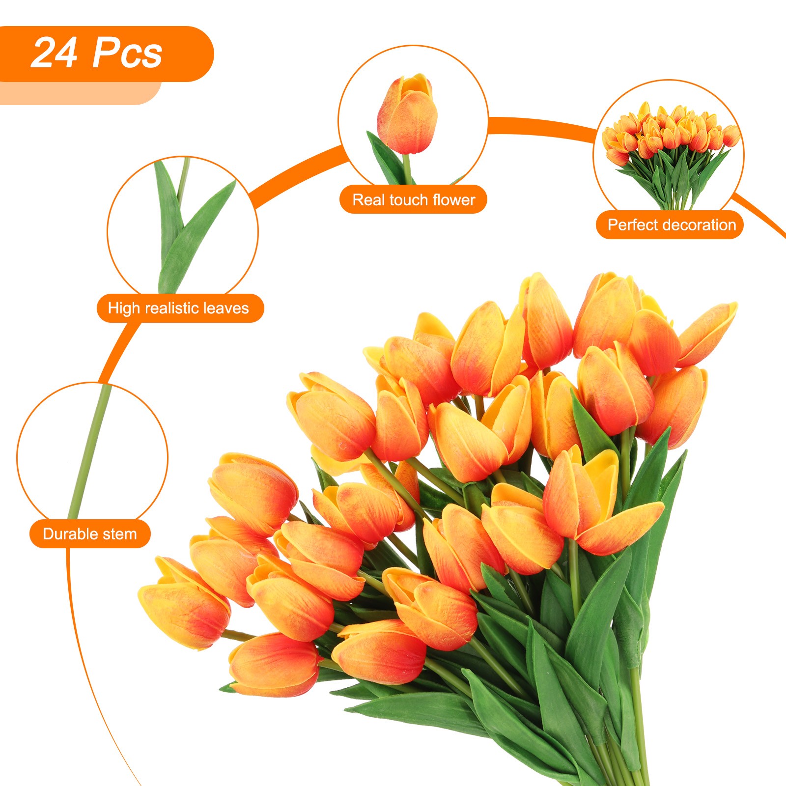 24Pcs Fake Tulips Artificial Flowers, PU Tulips with Stems, Orange