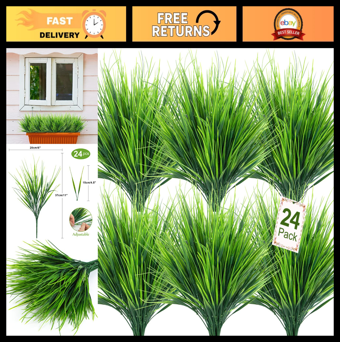 24 Bundles Artificial Plants – UV Resistant Fake Wheat Grass for Garden, Patio,
