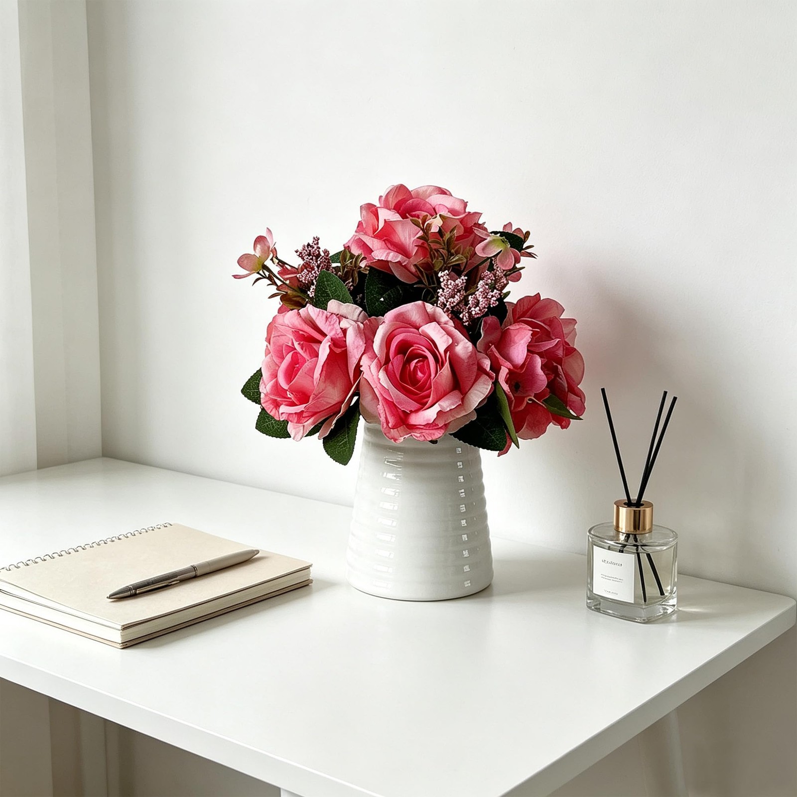 Artificial Rose Arrangement in White Ceramic Vase, Pink Silk Flowers with Fol…