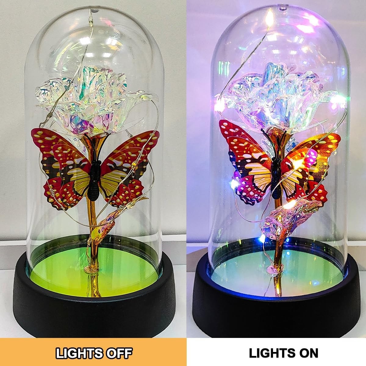 Butterfly Rose Flower Eternal LED Light Glass Dome Decor Mom Wife Birthday Gift