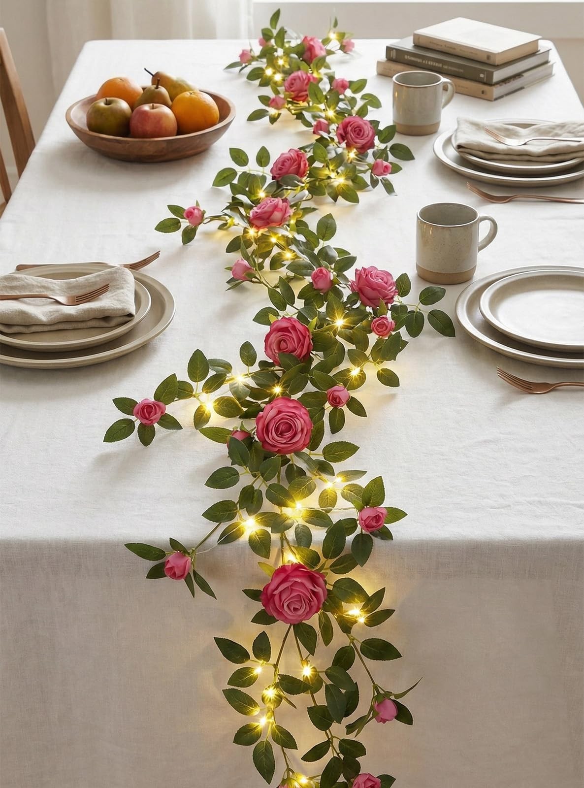 6FT Bendable Flower Garland with String Lights, Artificial Rose Garland Silk …