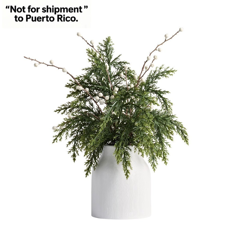 16″ Artificial Cypress & Berries Arrangement in Ribbed Ceramic Vase