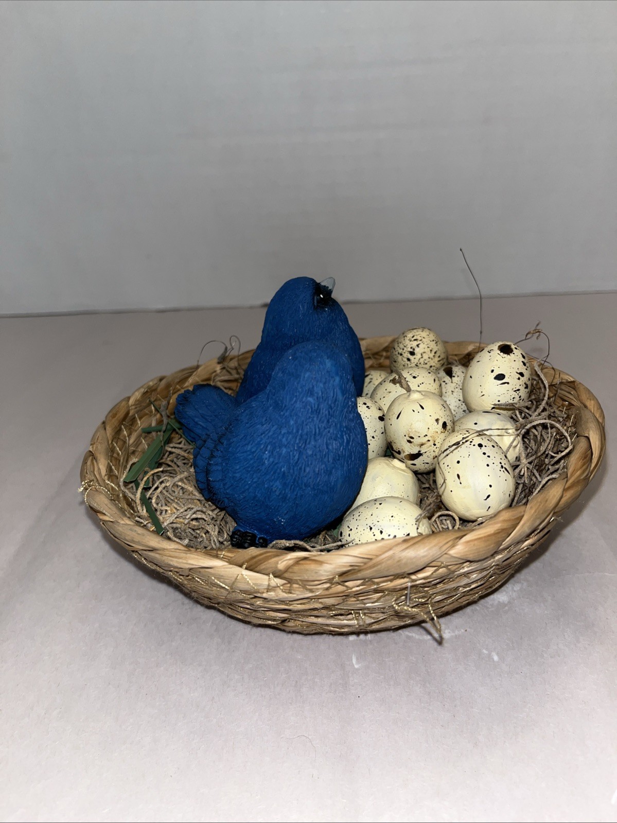 Vintage Decorative Bird Nest Basket W/Blue Birds & Speckled Eggs-Rustic Cottage