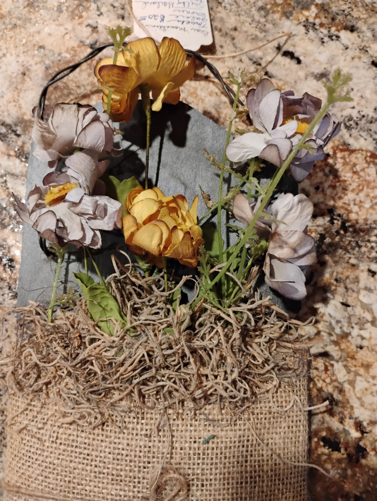 Handmade Artificial Wall Decor, Slate rockBurlap & flowers. Yellow Purple Green