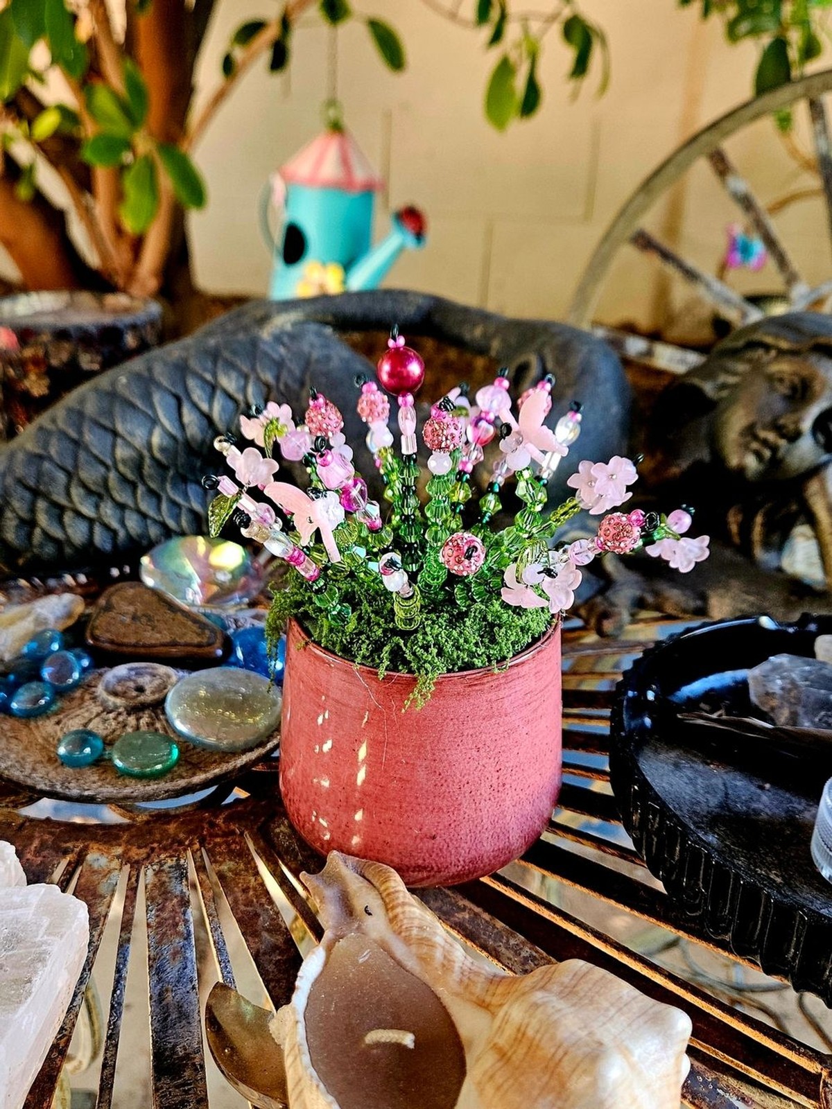 Pink Beaded Floral Accent Pot – Decorative Home Accent