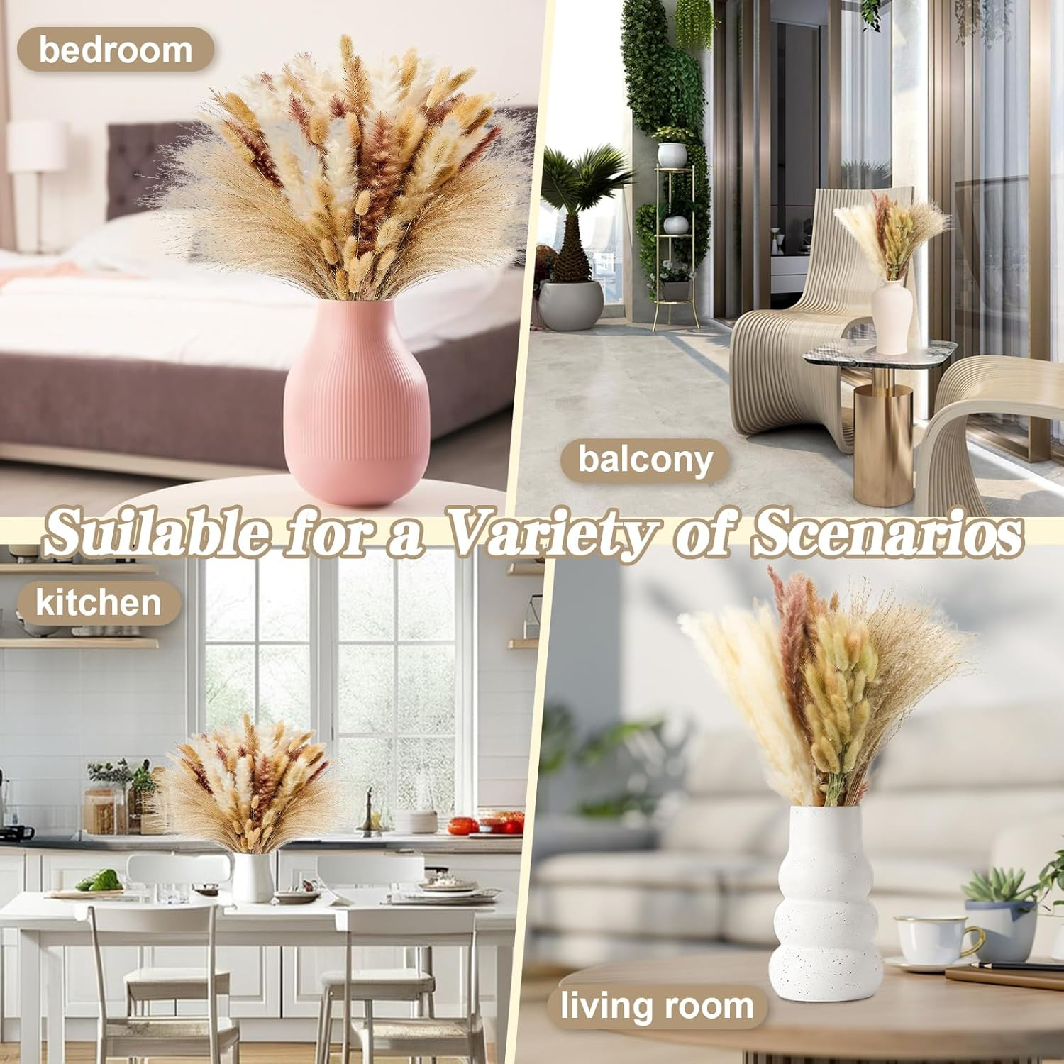 17″ 100Pcs Dried Pampas Grass Decor, Naturally Small Boho Pampas Grass with Bunn