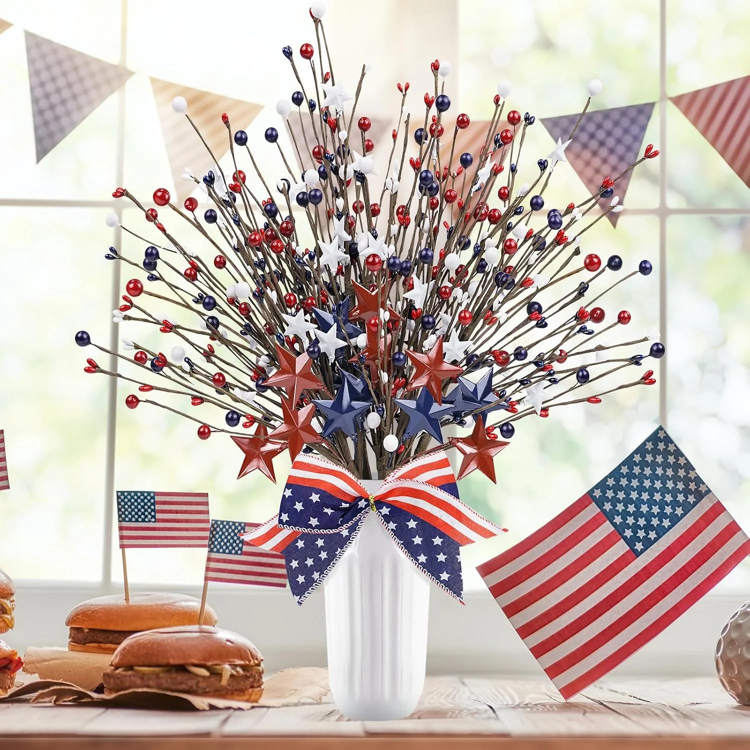 8 Pack Patriotic Artificial Berry Stem Picks,17.5″ Red White Blue Stars with Bow