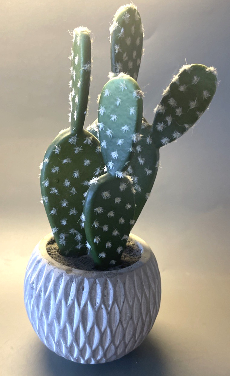 Faux Cactus Plant White Geometric Vase 10″ Tall Home Decor