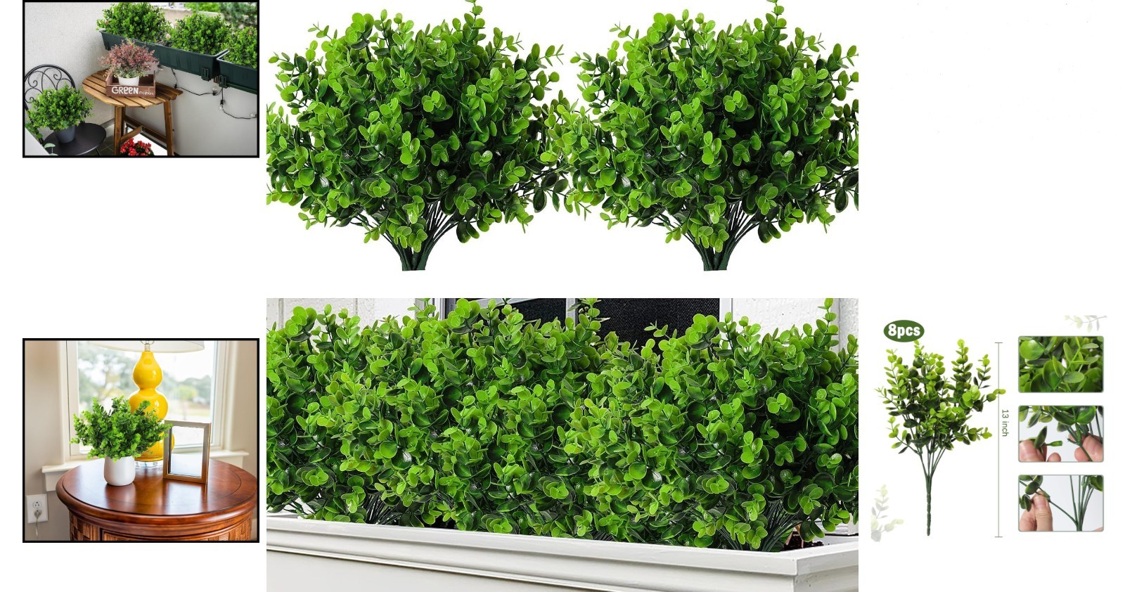 Artificial Boxwood Bushes 8 Pcs Faux Greenery Stems for Outdoor Indoor Decor