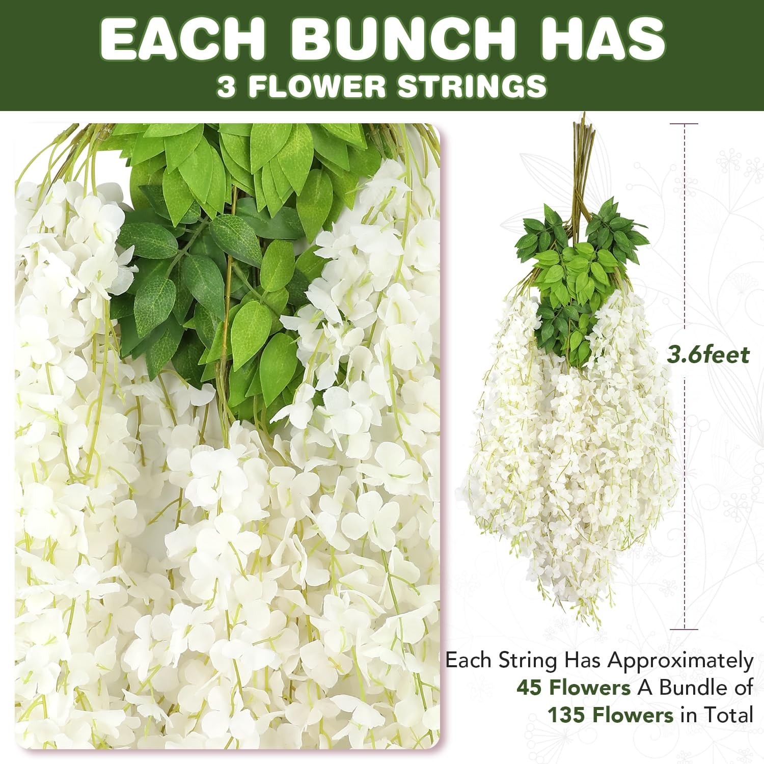 Artificial Wisteria Garland 12 Pack White Silk 3.6Ft Hanging Flower Vines Outdoo
