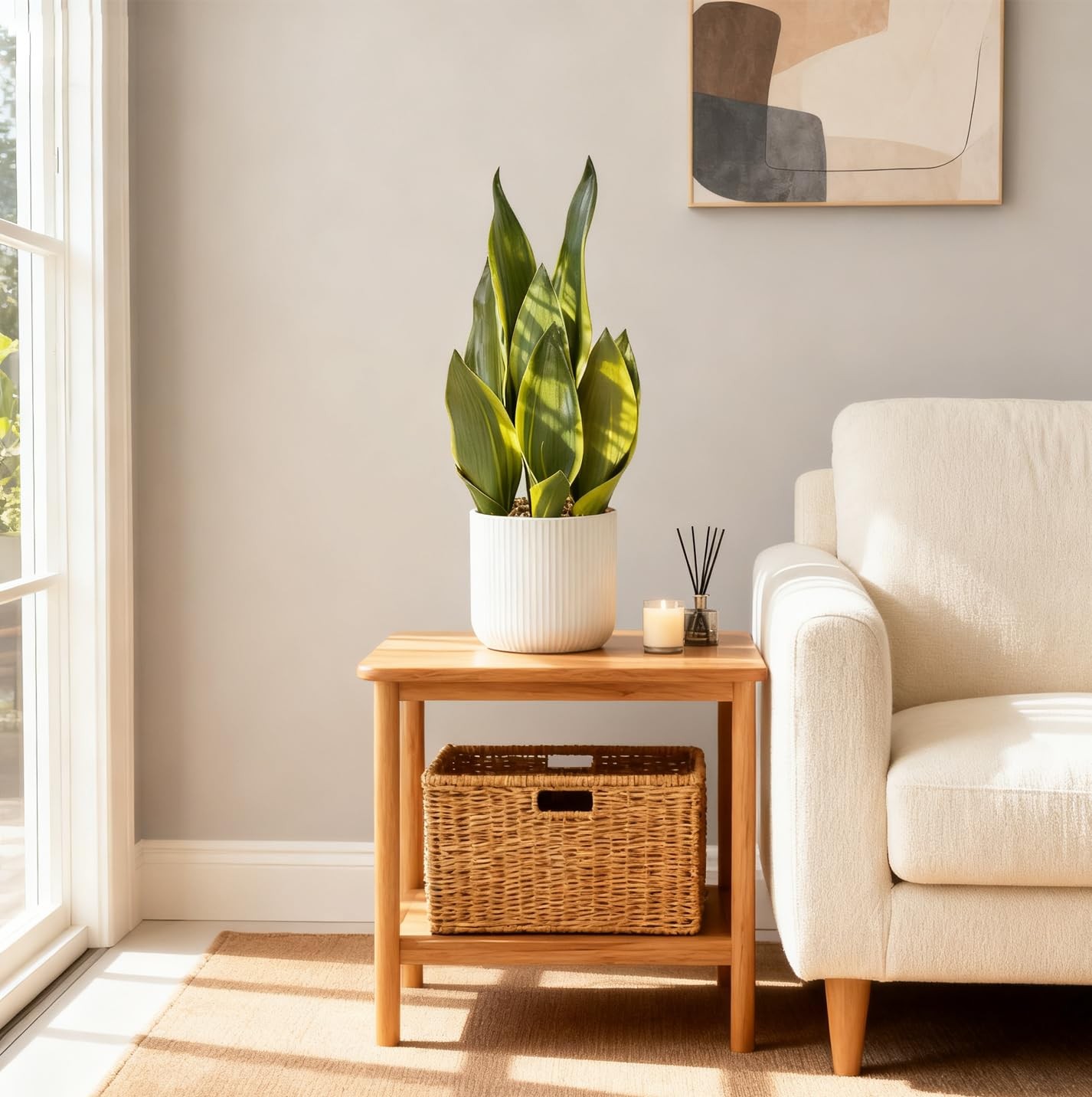 Artificial Realistic Snake Plant 16″ with White Ceramic Pot Fake Snake Plants…