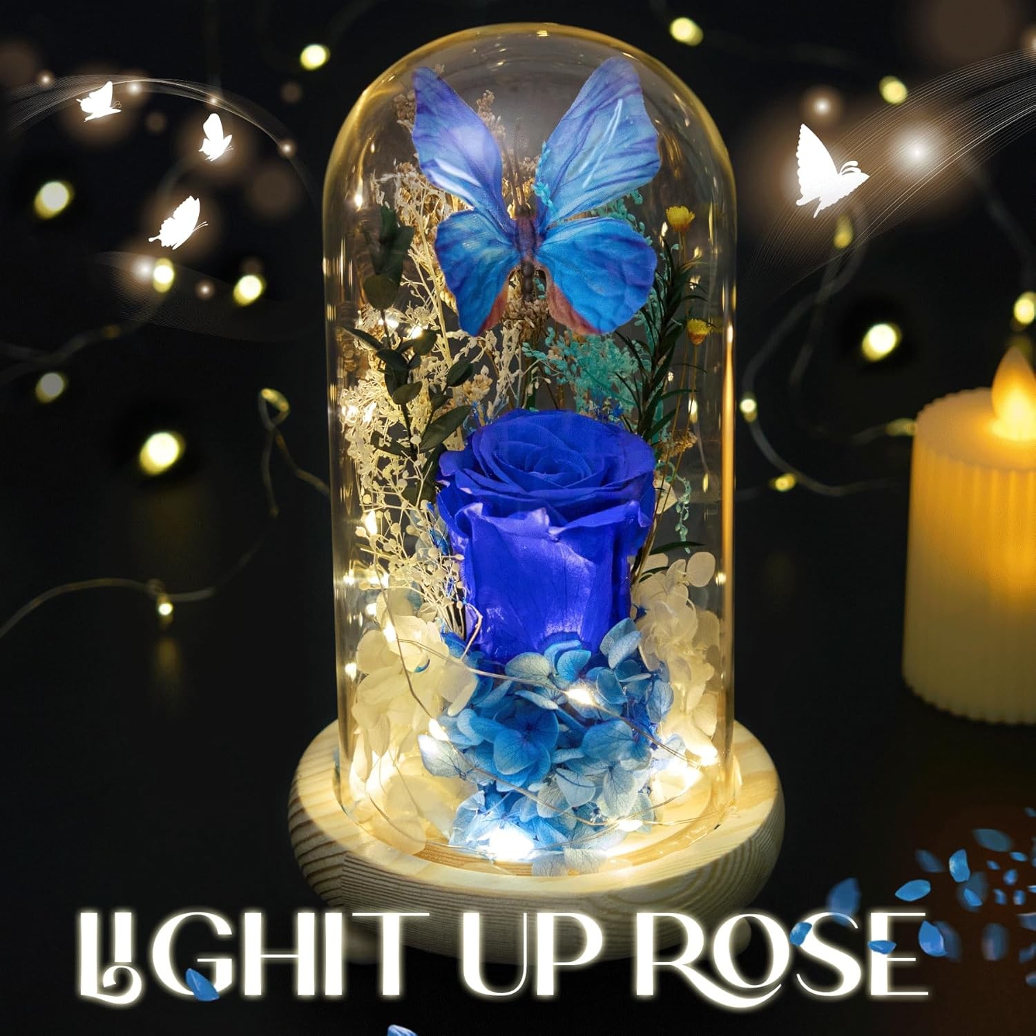 Forever Flowers Preserved Roses with Light in Glass Dome, Romantic Gifts for Mom