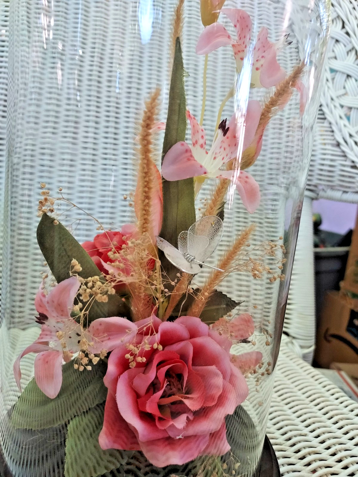 12″ Vintage Real Dried Flower Cloche Glass Dome Pink Silk Roses Lilies Butterfly