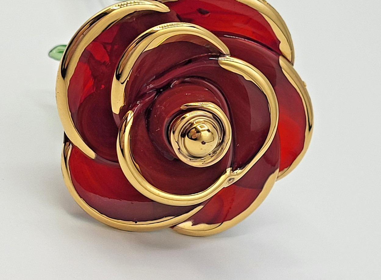 Art Glass Long 11.5″ Single Red Rose w Gold Trim Petals Clear Stem Green Thorns