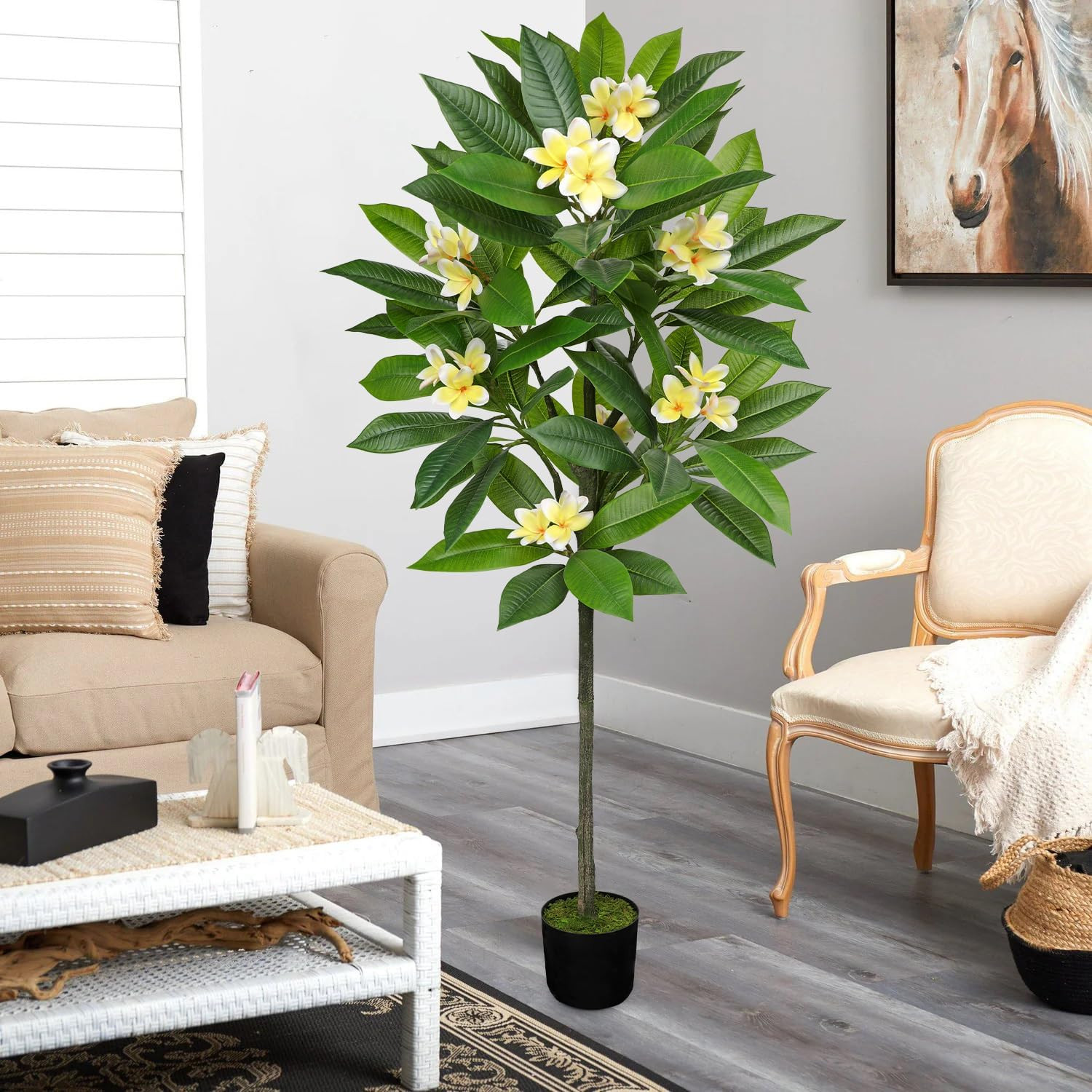 Artificial Plants Indoor 5.09Ft Fake Tropical Plumeria Flowers Tree in Black Pot
