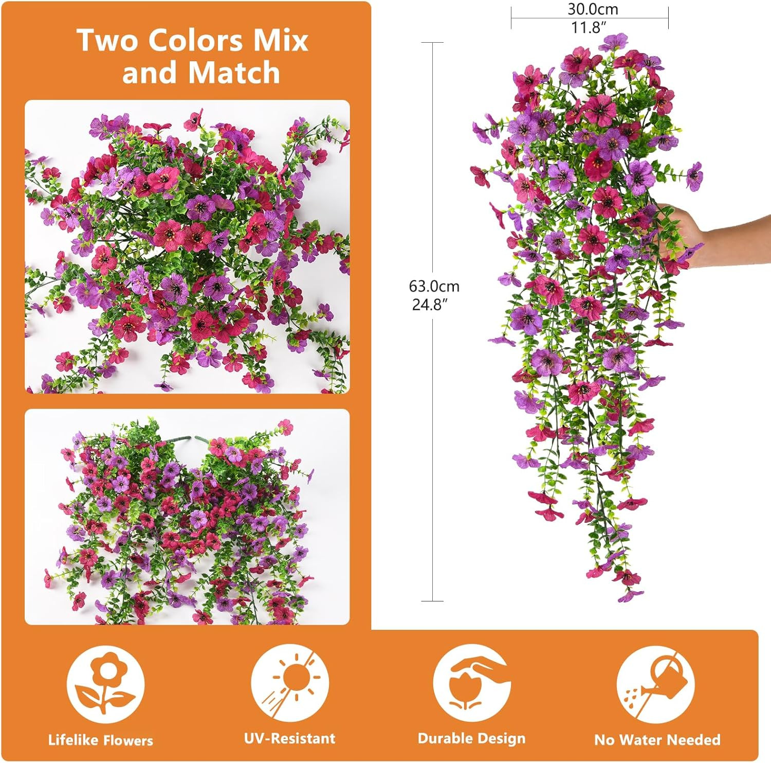 Artificial Hanging Flowers for Outdoors, 2 Pcs Plant Spring Summer Decoration