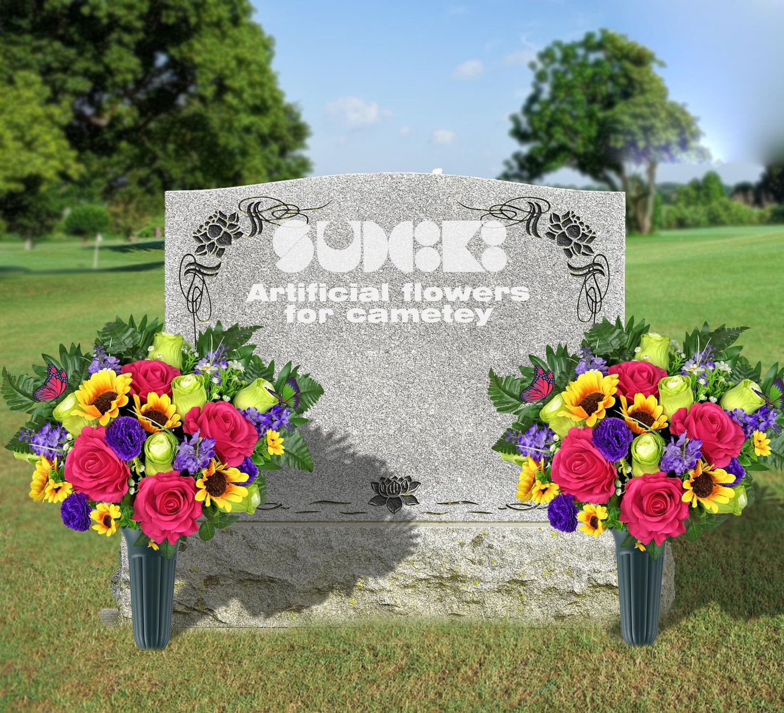 Grave Flowers Colorful Memorial Silk Bouquet With Vase Graveyard Decor 1 PCS
