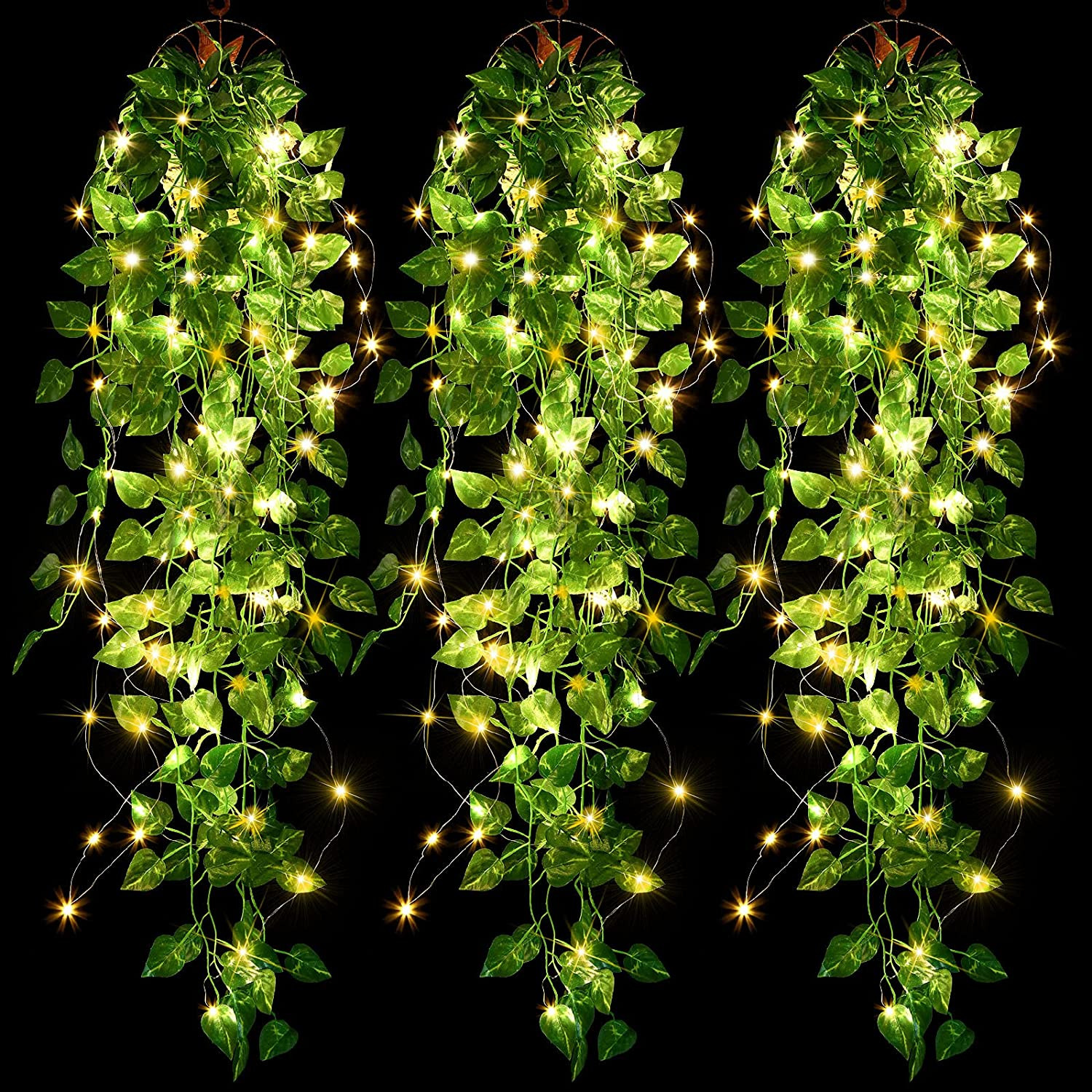 3 Pieces Artificial Hanging 3.3 Ft Fake Ivy Vine Leaves with 3 Pieces 30 LED Str