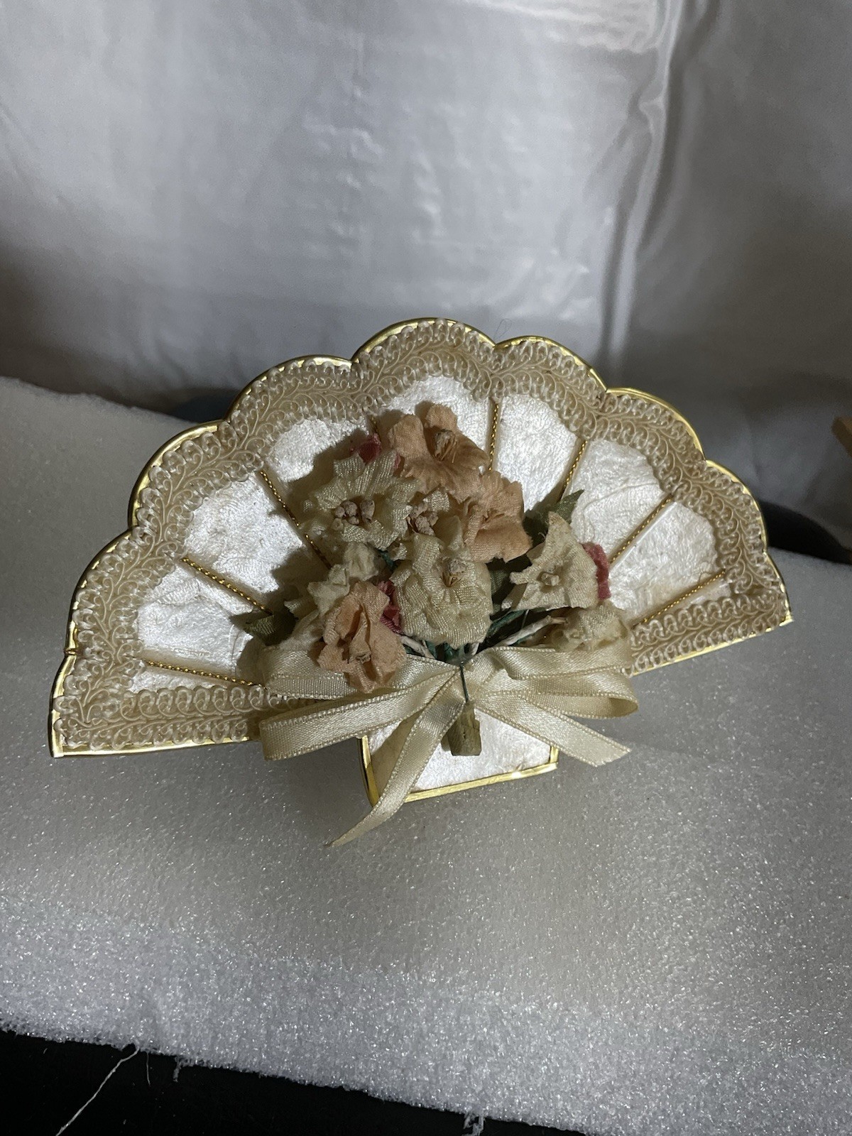 MC Coastal Capiz Shell Fan Trimmed with Gold Lace/Flowers Victorian Style Decor