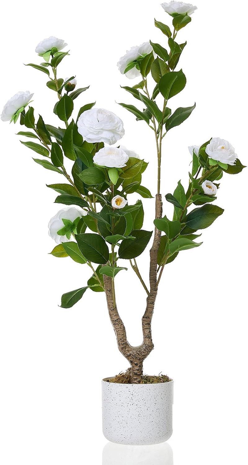 3FT Faux Camellia Tree in Pot – Realistic Indoor/Outdoor Decor with White Flower
