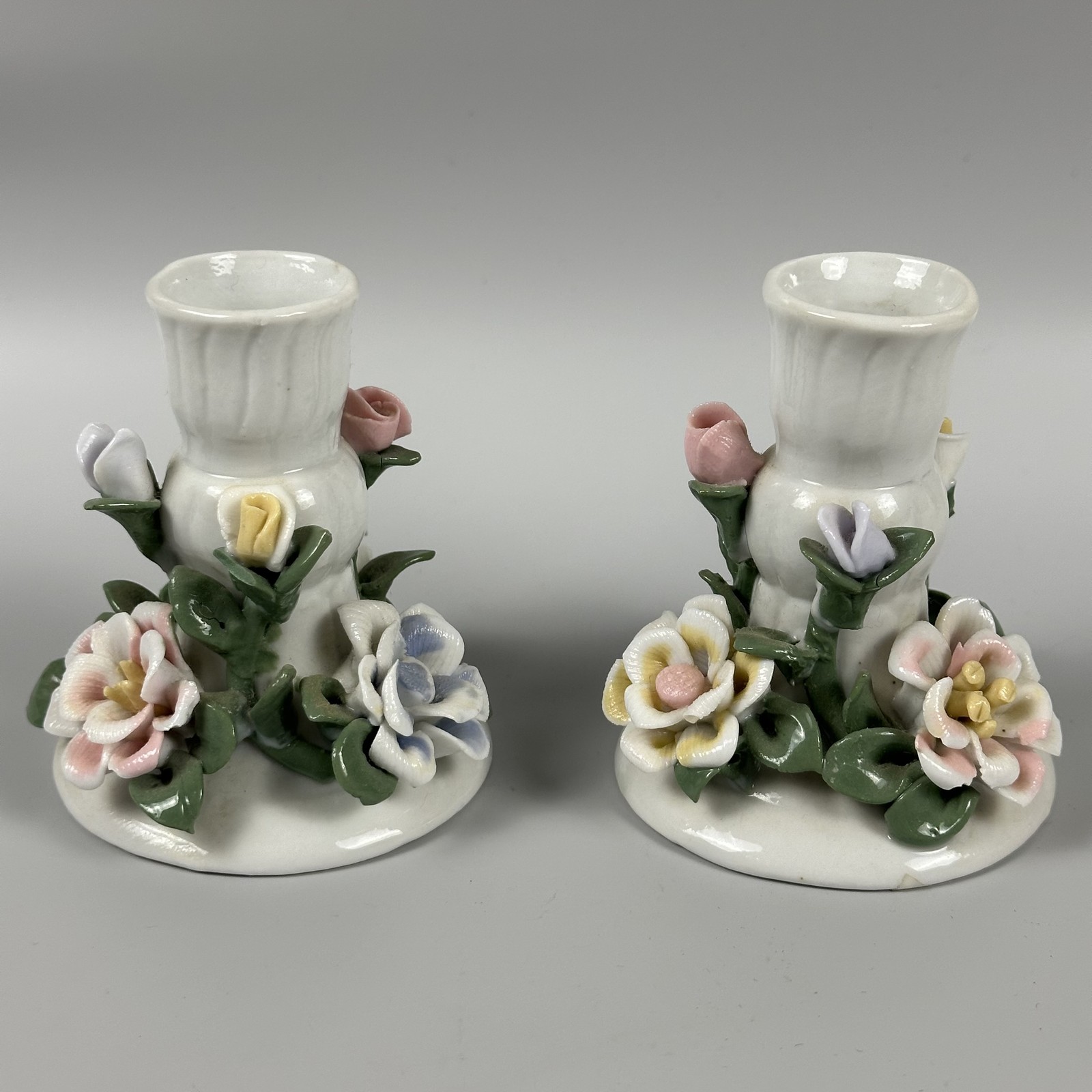 Vintage Ceramic Floral Candlestick Holders Set of 2 Pastel Flowers Made in China