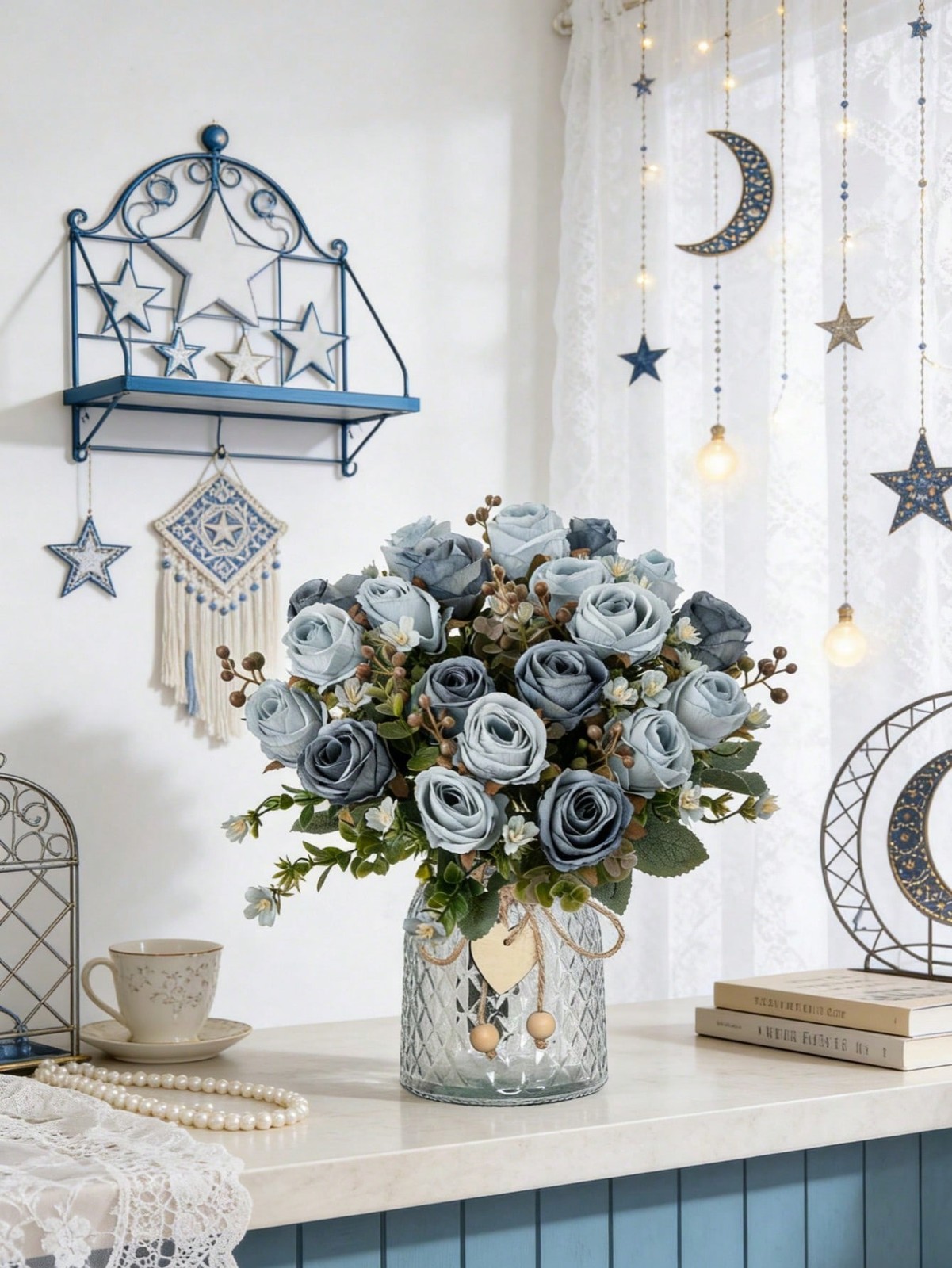 Baby Blue Artificial Silk Rose Bouquet One Size For Home Wedding Decor