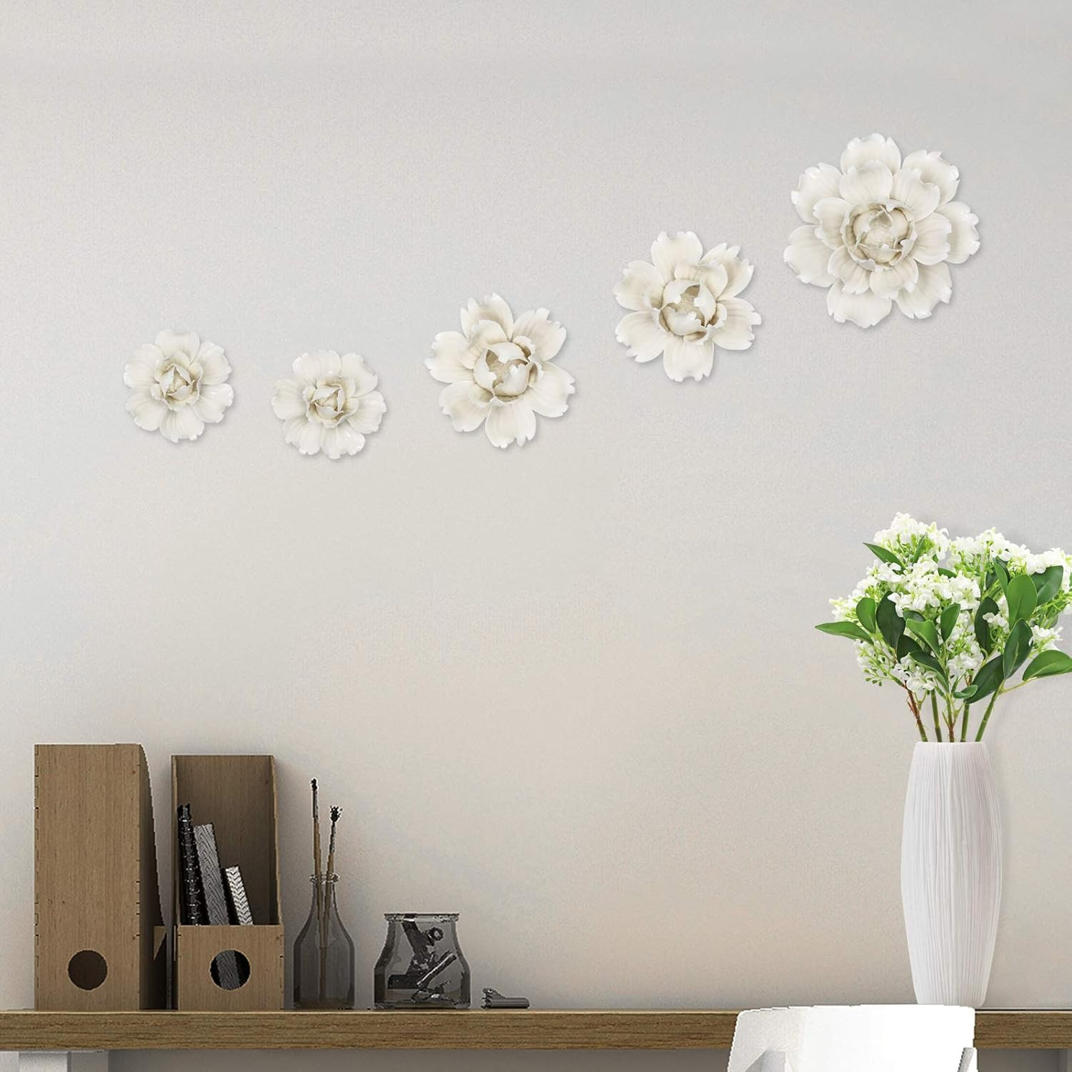 5 Pcs Ceramic Flower Wall Decor Handcrafted 3D Hanging Porcelain Flowers Wall Ar