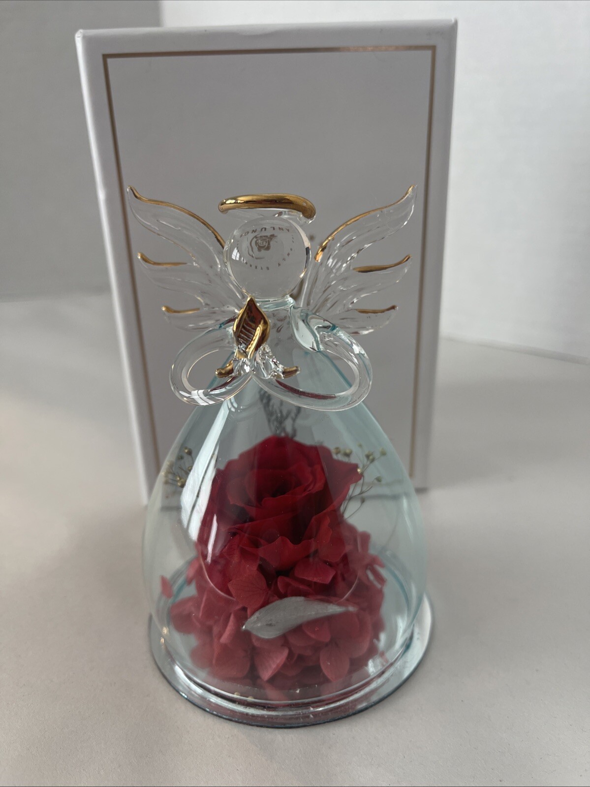 Angel Preserved Rose Real Red Flower Clear Glass Angel Anlunob Gifts 4.25”